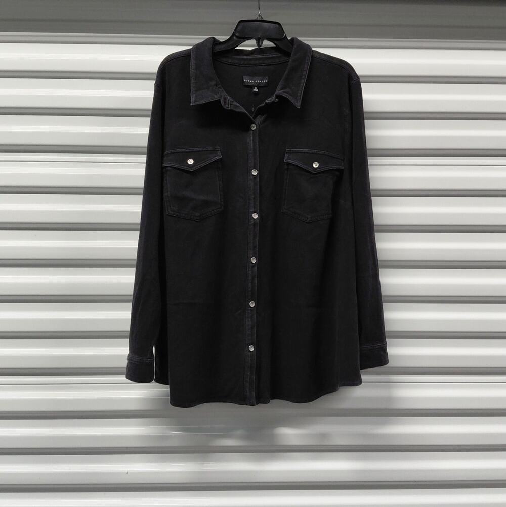Susan Graver Womens Overshirt Size 3X Black Button Front Casual Fall Shacket